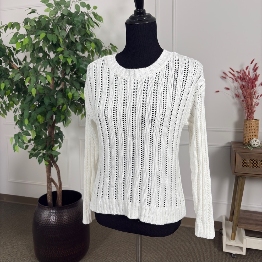 Cyrus White Crew Neck Sweater with Textured Knit